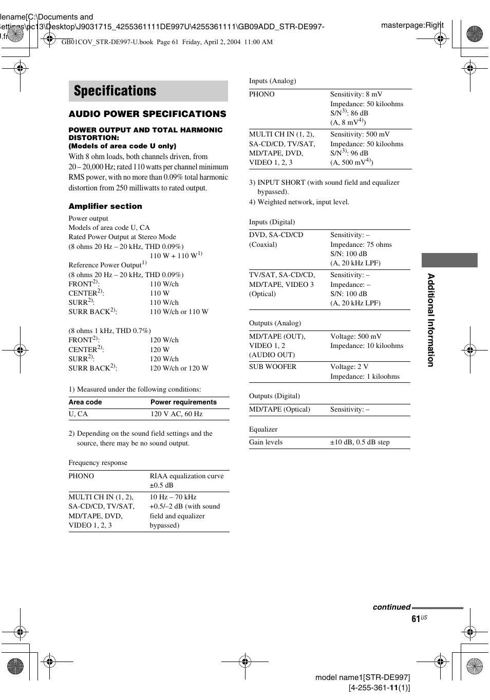 Specifications | Sony STR-DE997 User Manual | Page 61 / 64