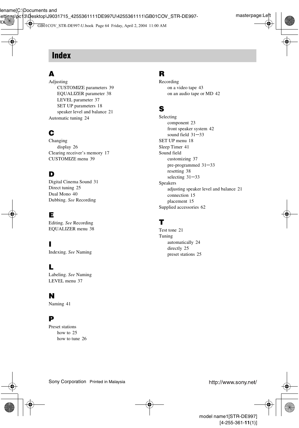 Index | Sony STR-DE997 User Manual | Page 64 / 64