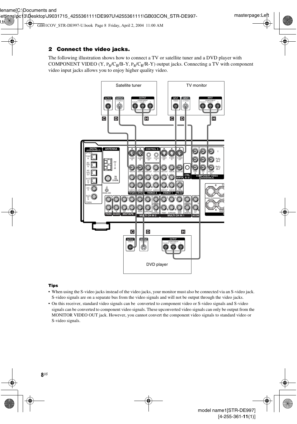 2connect the video jacks, Tips, Ch d | Sony STR-DE997 User Manual | Page 8 / 64