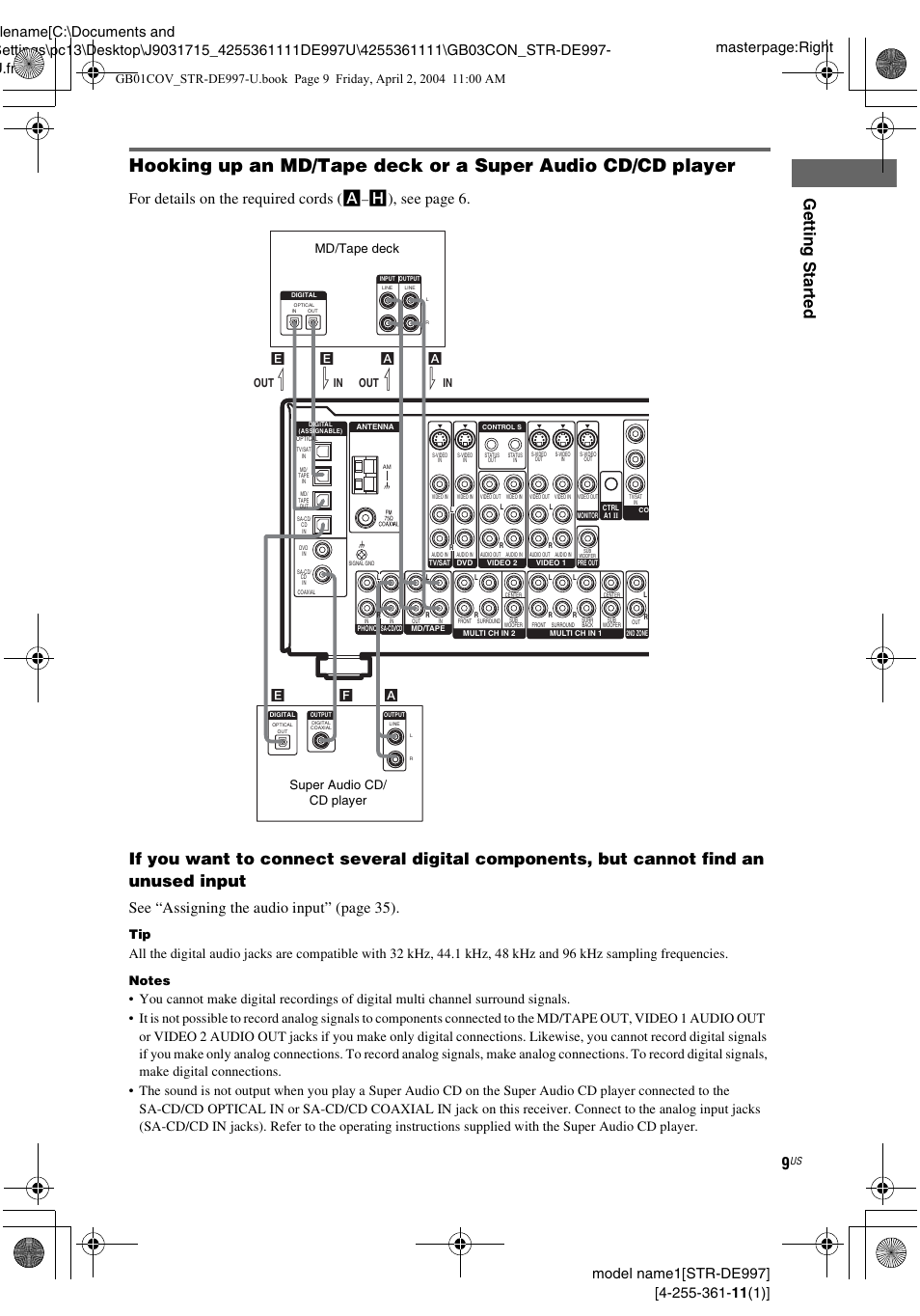 Gettin g star ted, For details on the required cords ( a, H), see page 6 | See “assigning the audio input” (page 35), Md/tape deck super audio cd/ cd player, Out l l in l l | Sony STR-DE997 User Manual | Page 9 / 64