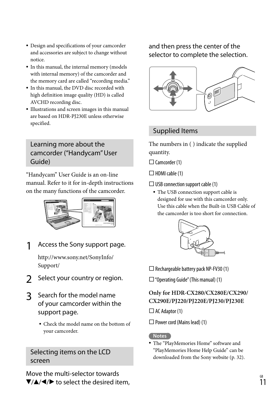 Selecting items on the lcd screen, Supplied items | Sony HDR-CX290 User Manual | Page 11 / 52