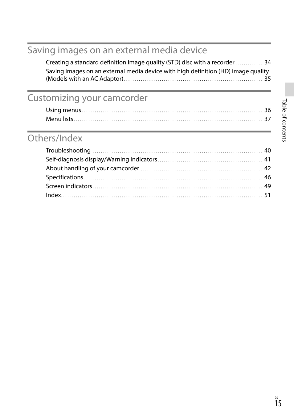 Saving images on an external media device, Customizing your camcorder, Others/index | Sony HDR-CX290 User Manual | Page 15 / 52