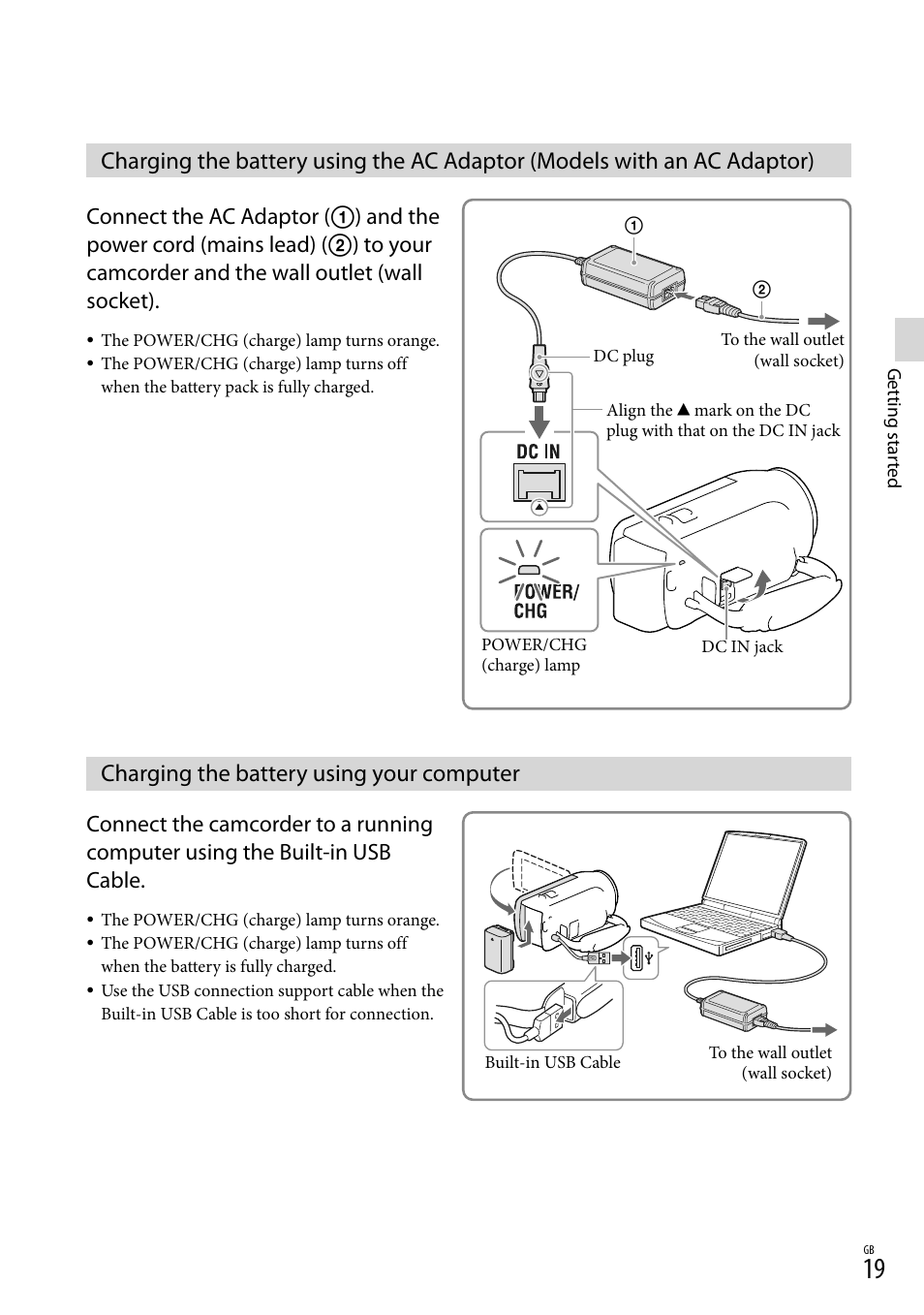 Charging the battery using your computer, 19) i, Adaptor) charging the battery using your computer | Ge) lamp (19), Dc in jack (19), Able (19) | Sony HDR-CX290 User Manual | Page 19 / 52