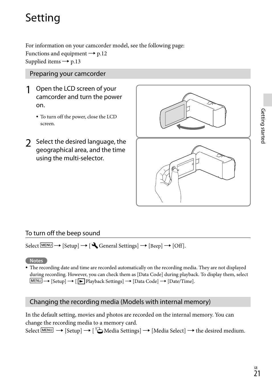 Setting, Preparing your camcorder, Een (21) | Sony HDR-CX290 User Manual | Page 21 / 52