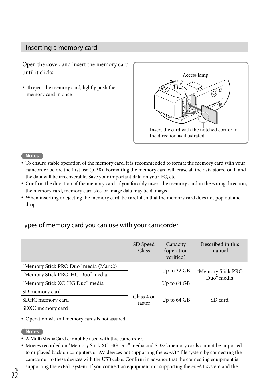 Inserting a memory card, 22) i, Ess lamp (22) | D slot (22) | Sony HDR-CX290 User Manual | Page 22 / 52