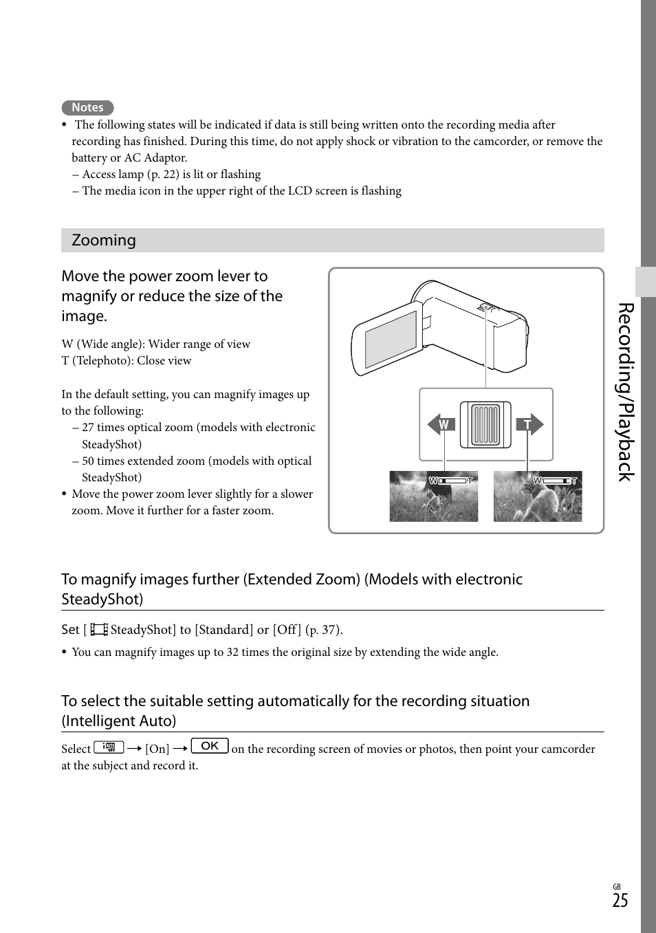 Zooming, Er (25), Rec or ding/p la yback | Sony HDR-CX290 User Manual | Page 25 / 52