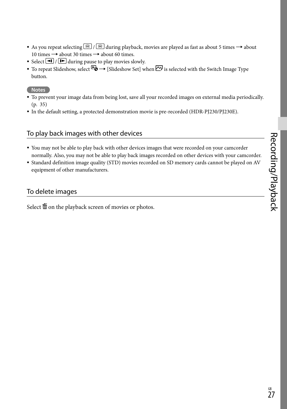 Rec or ding/p la yback | Sony HDR-CX290 User Manual | Page 27 / 52