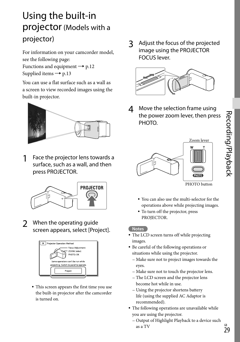 Er (29), Or lens (29), On (29) | Using the built-in projector, Rec or ding/p la yback, Models with a projector) | Sony HDR-CX290 User Manual | Page 29 / 52