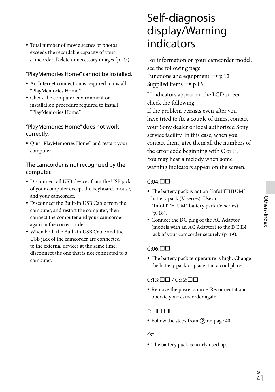 Self-diagnosis display/warning indicators | Sony HDR-CX290 User Manual | Page 41 / 52