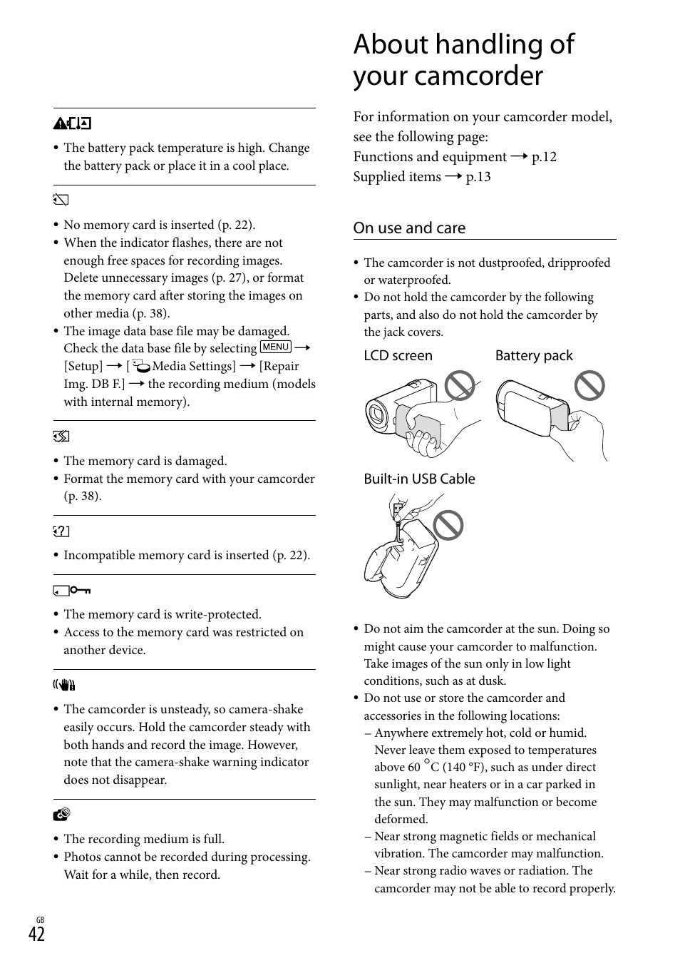 About handling of your camcorder, 42), and, On use and care | Sony HDR-CX290 User Manual | Page 42 / 52