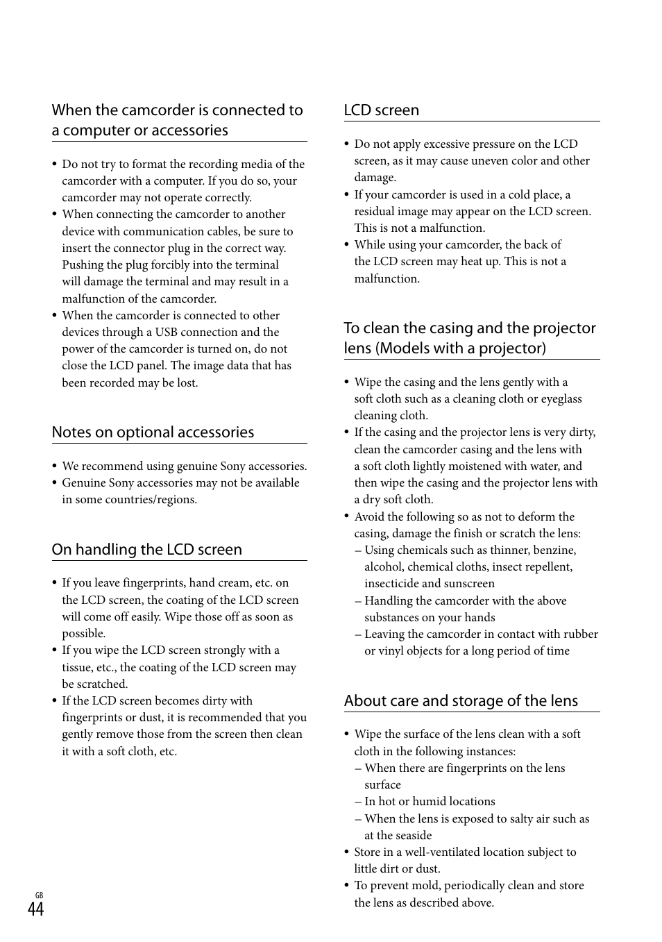 On handling the lcd screen, Lcd screen, About care and storage of the lens | Sony HDR-CX290 User Manual | Page 44 / 52