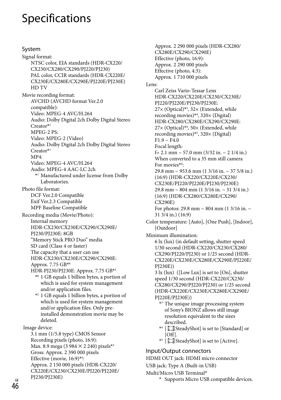 Specifications, System, Input/output connectors | Sony HDR-CX290 User Manual | Page 46 / 52