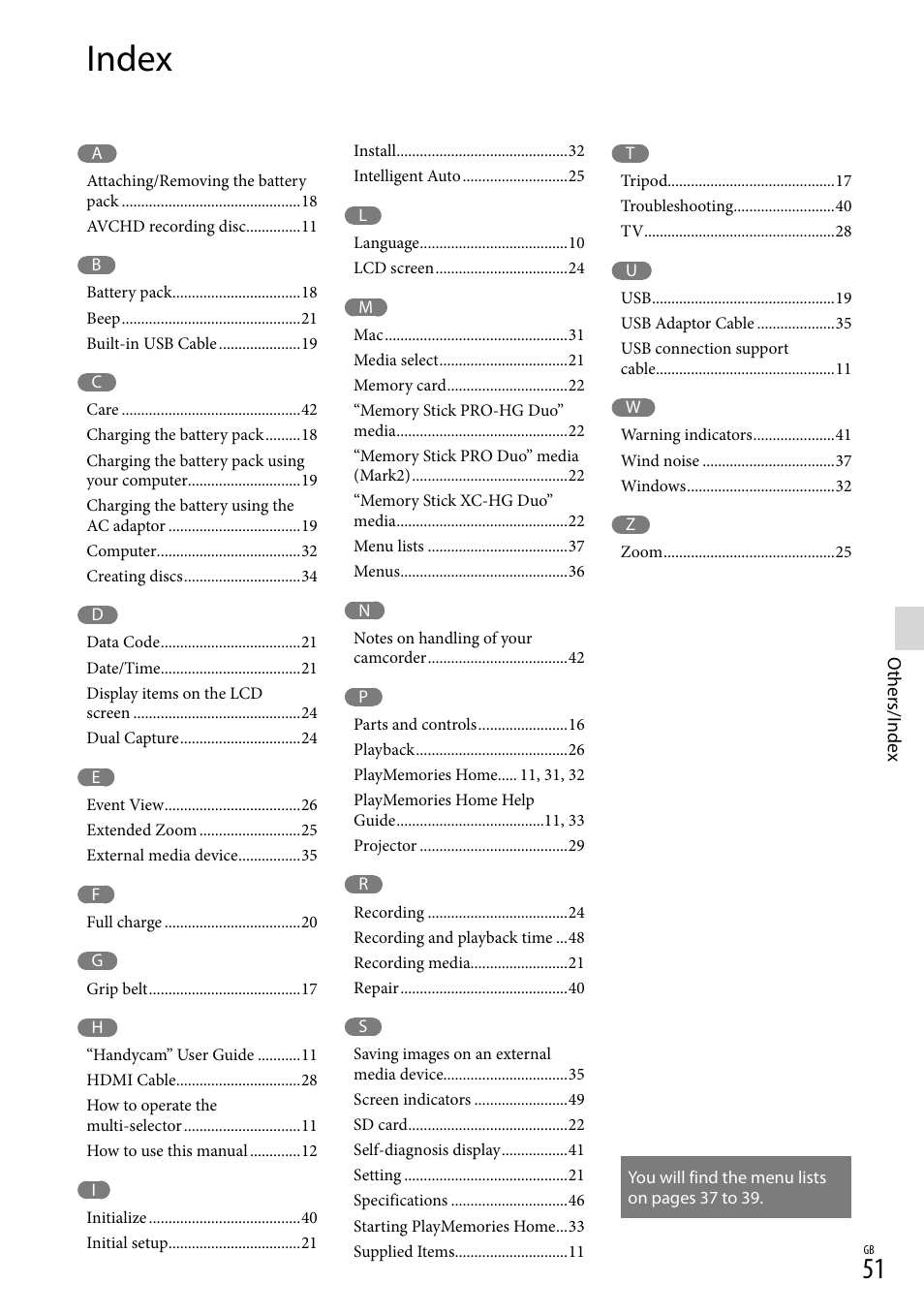 Index | Sony HDR-CX290 User Manual | Page 51 / 52