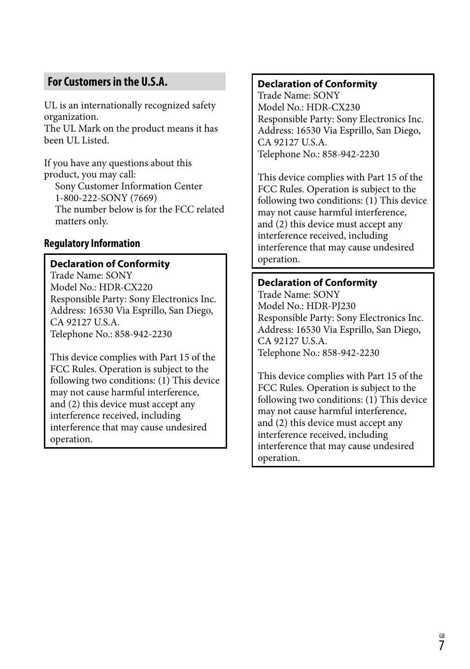 For customers in the u.s.a | Sony HDR-CX290 User Manual | Page 7 / 52