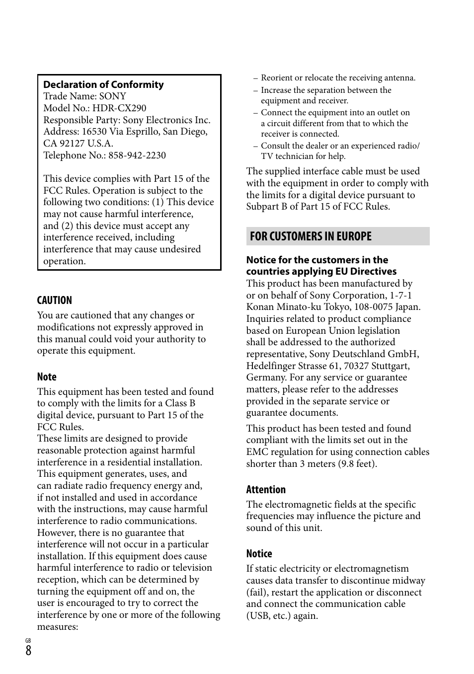 For customers in europe | Sony HDR-CX290 User Manual | Page 8 / 52