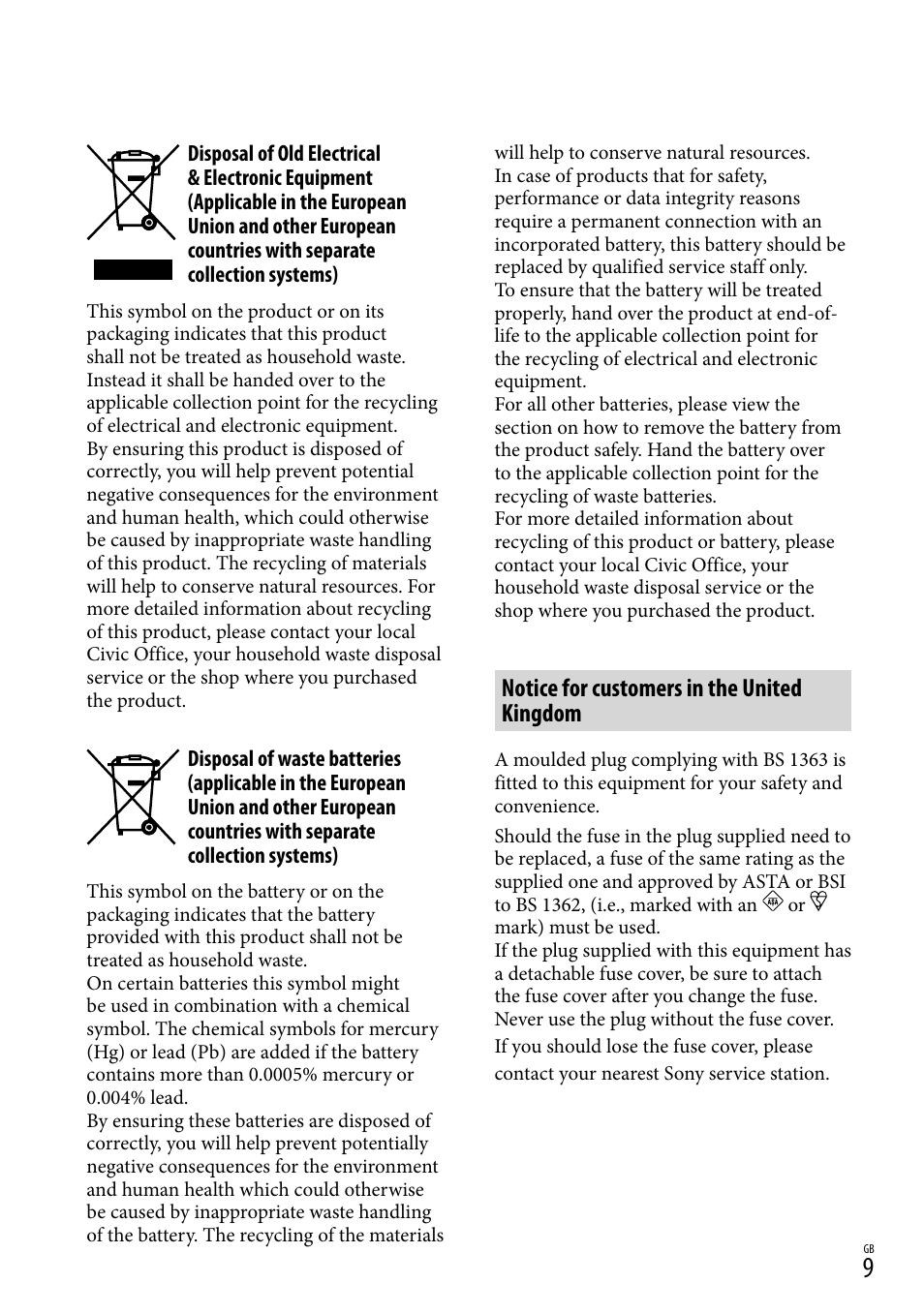 Notice for customers in the united kingdom | Sony HDR-CX290 User Manual | Page 9 / 52