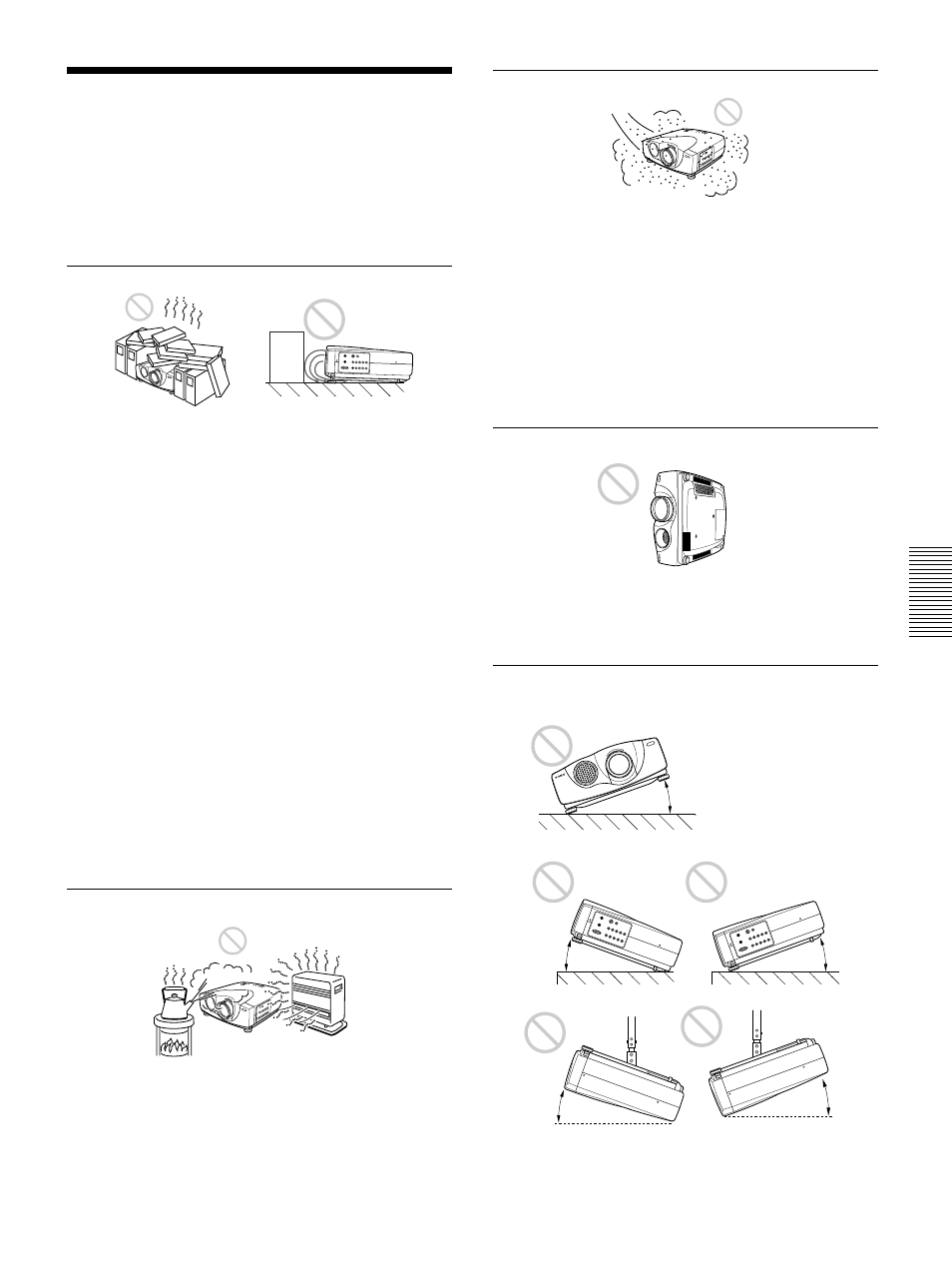 Notas para la instalación, Instalación inadecuada, Condiciones de uso inadecuadas | Sony VPL-VW11HT User Manual | Page 113 / 124