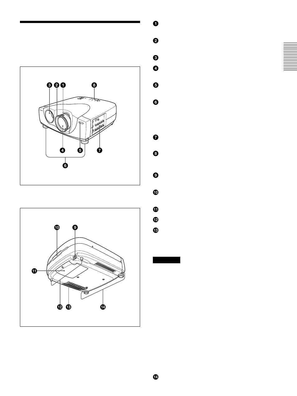 Emplacement et fonction des commandes, Avant/côté gauche, Arrière/côté droit/dessous | Sony VPL-VW11HT User Manual | Page 49 / 124