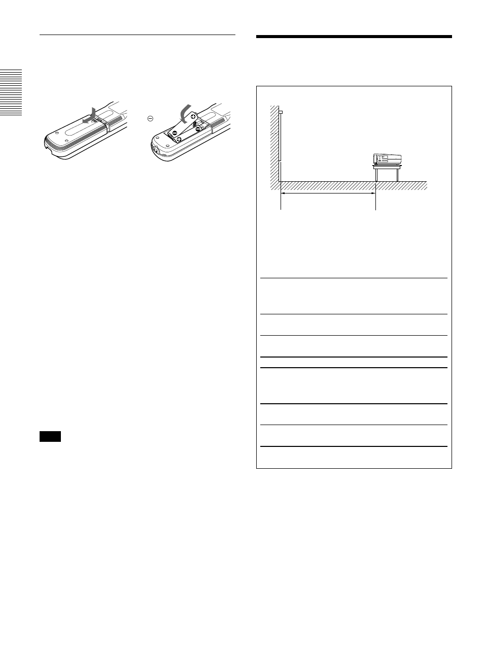 Instalación y proyección, Instalación del proyector, Instalación y pr o y ección | Instalación de las pilas | Sony VPL-VW11HT User Manual | Page 94 / 124