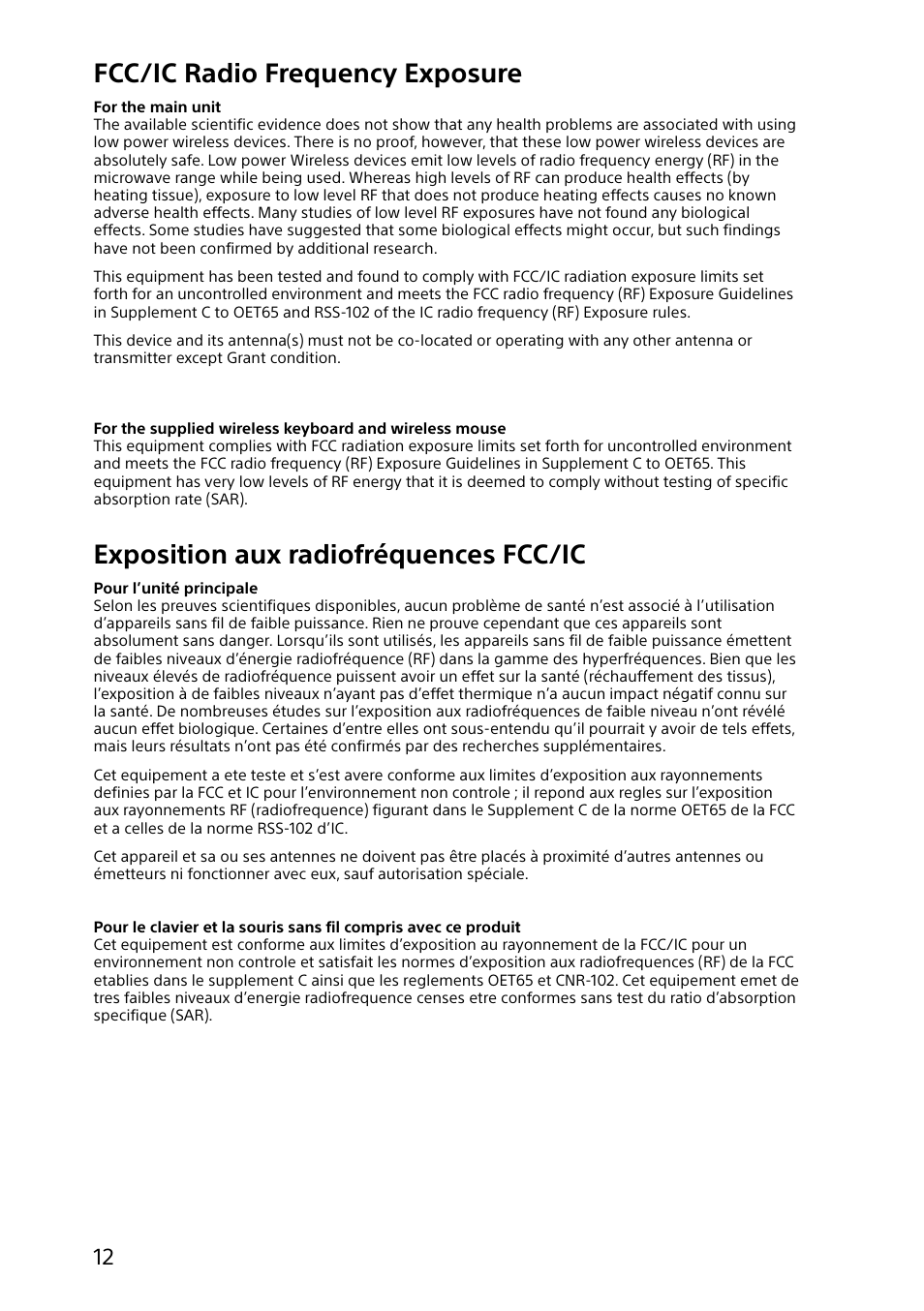 Fcc/ic radio frequency exposure, Exposition aux radiofréquences fcc/ic | Sony SVJ20235CXW User Manual | Page 12 / 36