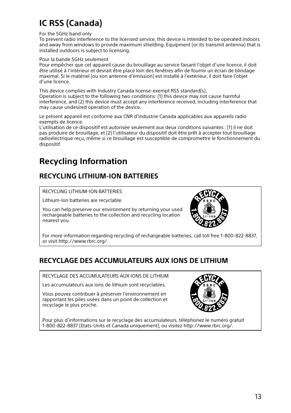 Ic rss (canada), Recycling information, Recycling lithium-ion batteries | Recyclage des accumulateurs aux ions de lithium | Sony SVJ20235CXW User Manual | Page 13 / 36