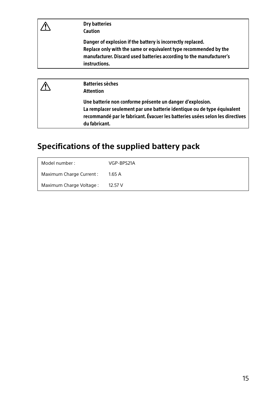 Specifications of the supplied battery pack | Sony SVJ20235CXW User Manual | Page 15 / 36