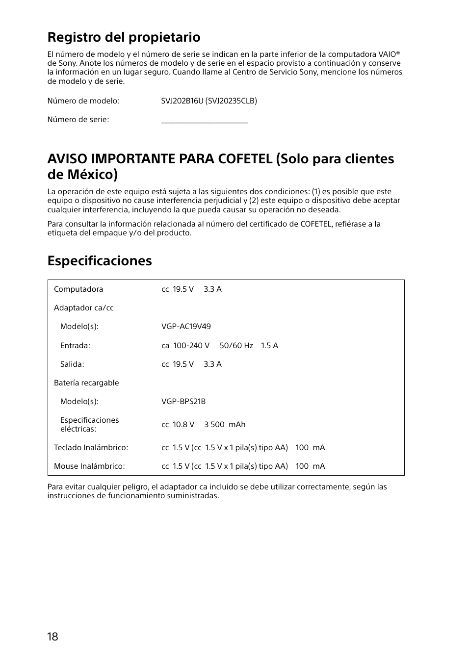 Registro del propietario, Especificaciones | Sony SVJ20235CXW User Manual | Page 18 / 36