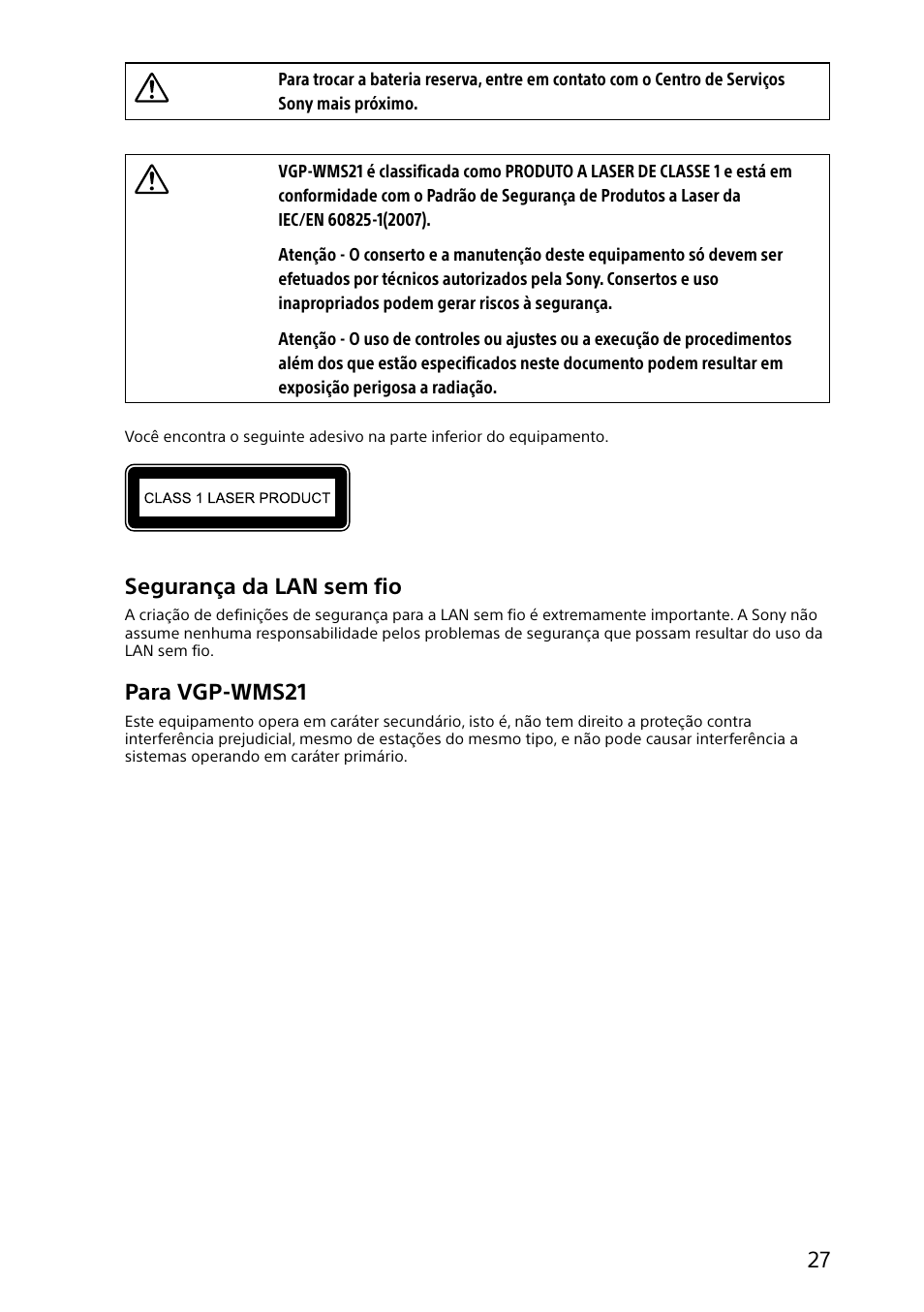 Segurança da lan sem fio, Para vgp-wms21 | Sony SVJ20235CXW User Manual | Page 27 / 36