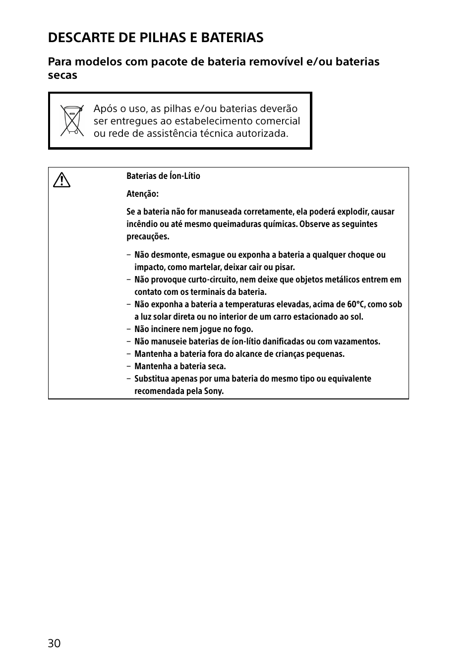 Descarte de pilhas e baterias | Sony SVJ20235CXW User Manual | Page 30 / 36