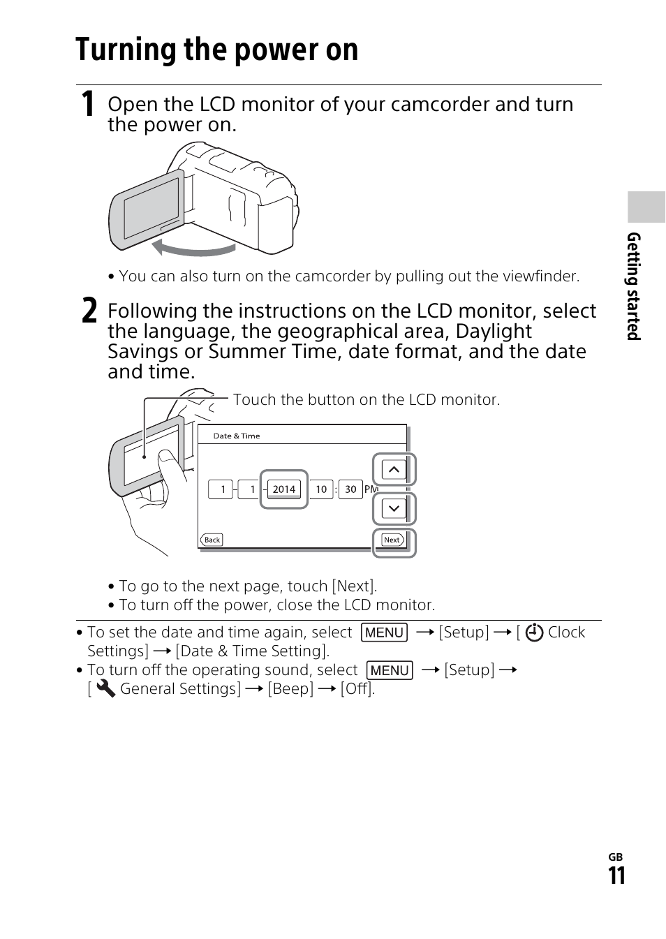 Turning the power on | Sony HDR-PJ810 User Manual | Page 11 / 36