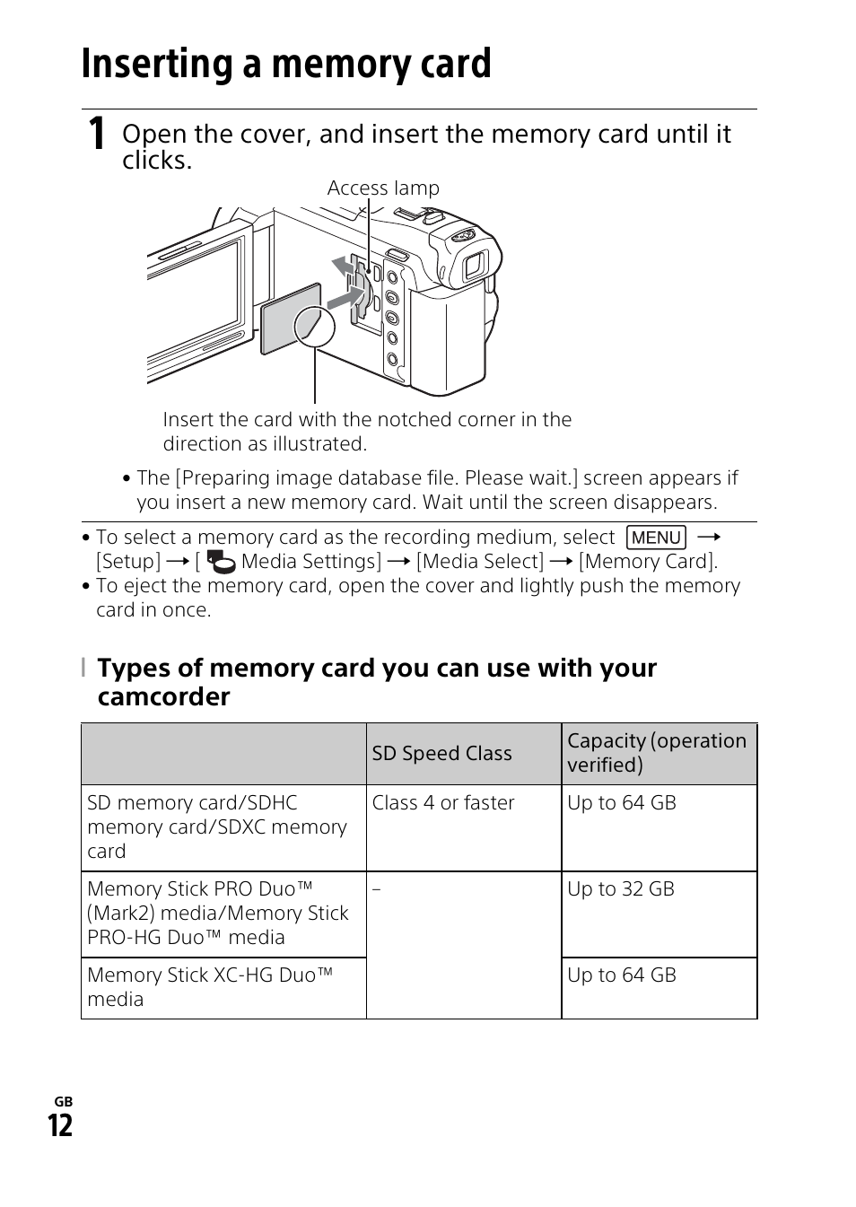 Inserting a memory card | Sony HDR-PJ810 User Manual | Page 12 / 36