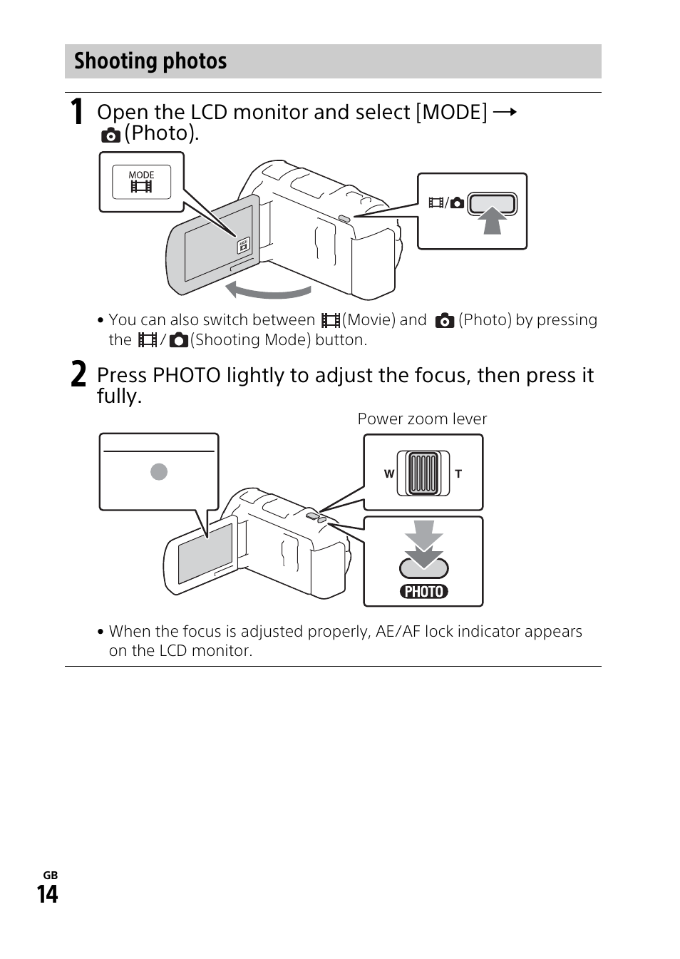 Shooting photos | Sony HDR-PJ810 User Manual | Page 14 / 36