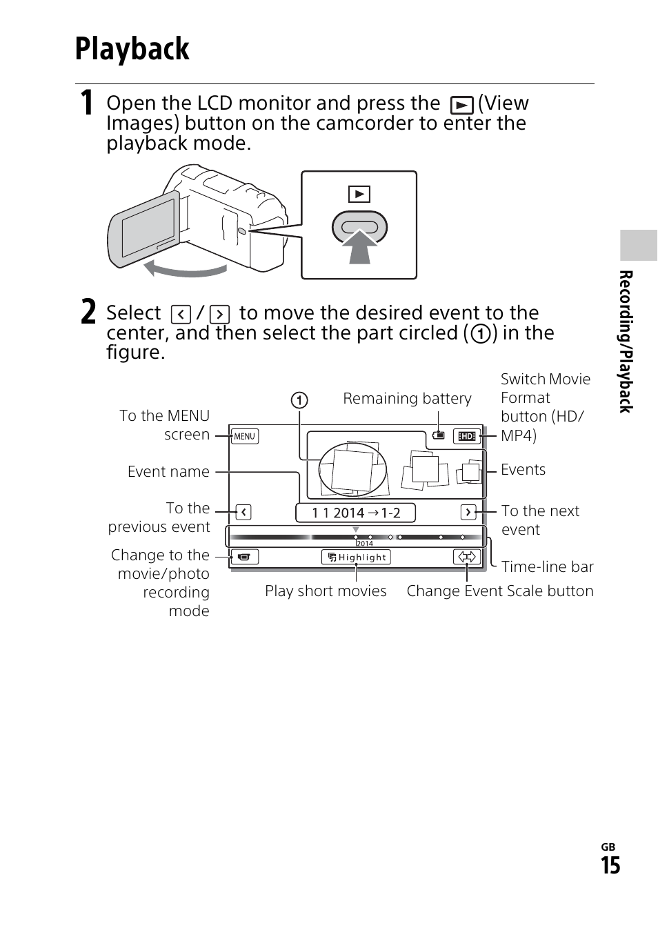 Playback | Sony HDR-PJ810 User Manual | Page 15 / 36