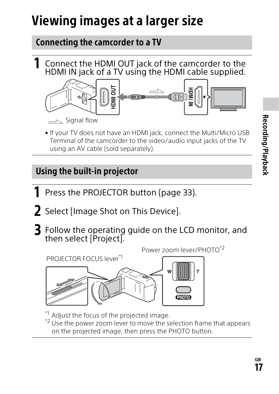 Viewing images at a larger size | Sony HDR-PJ810 User Manual | Page 17 / 36