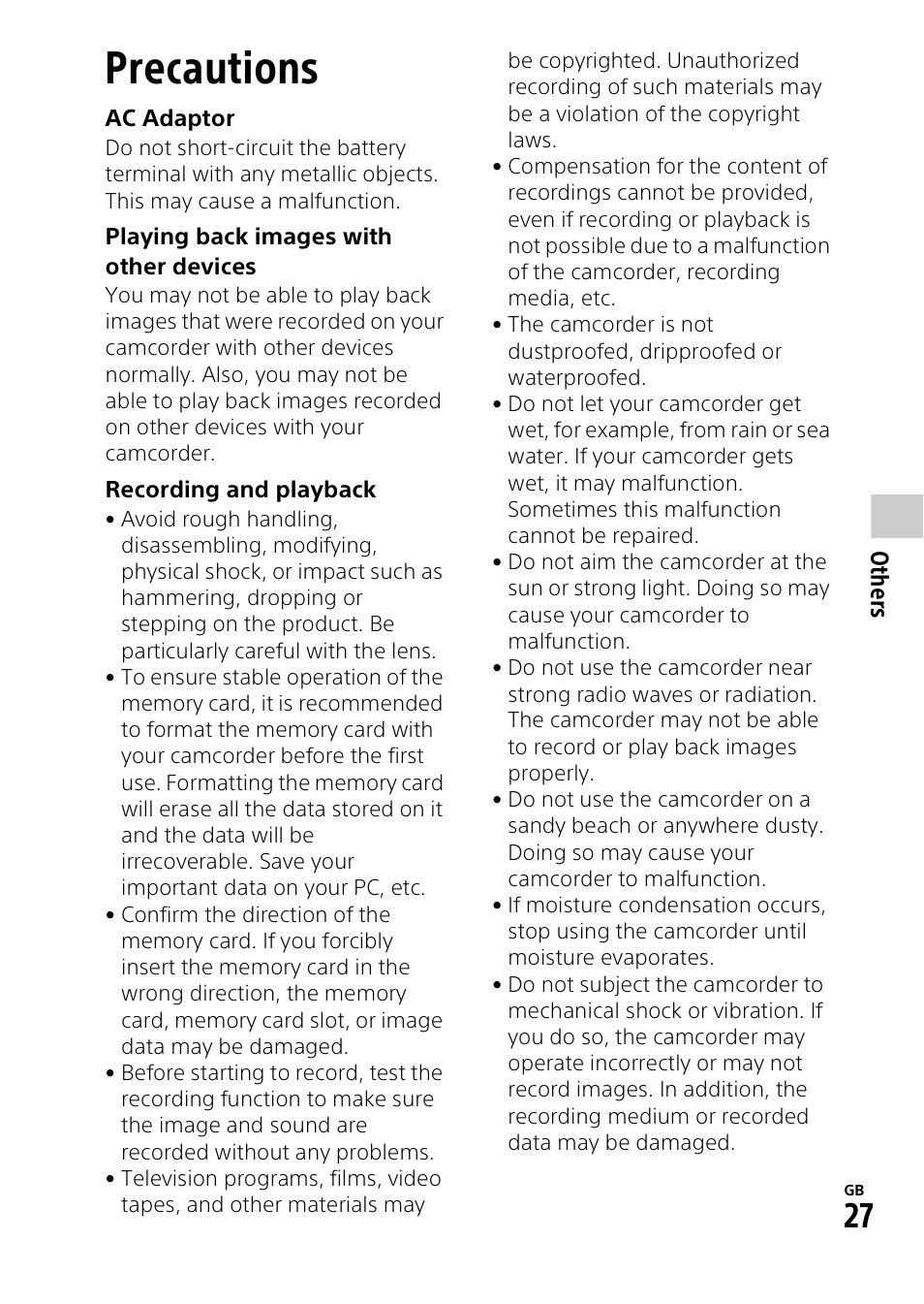 Others, Precautions | Sony HDR-PJ810 User Manual | Page 27 / 36