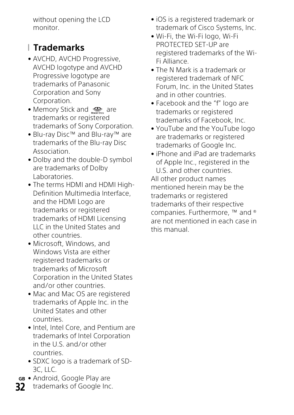 Trademarks | Sony HDR-PJ810 User Manual | Page 32 / 36