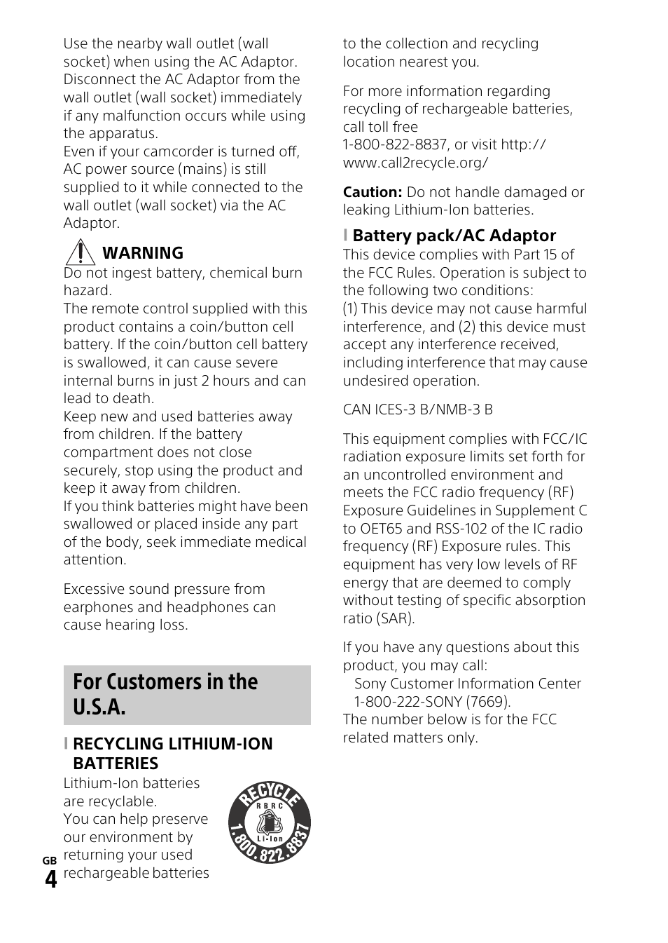 For customers in the u.s.a | Sony HDR-PJ810 User Manual | Page 4 / 36