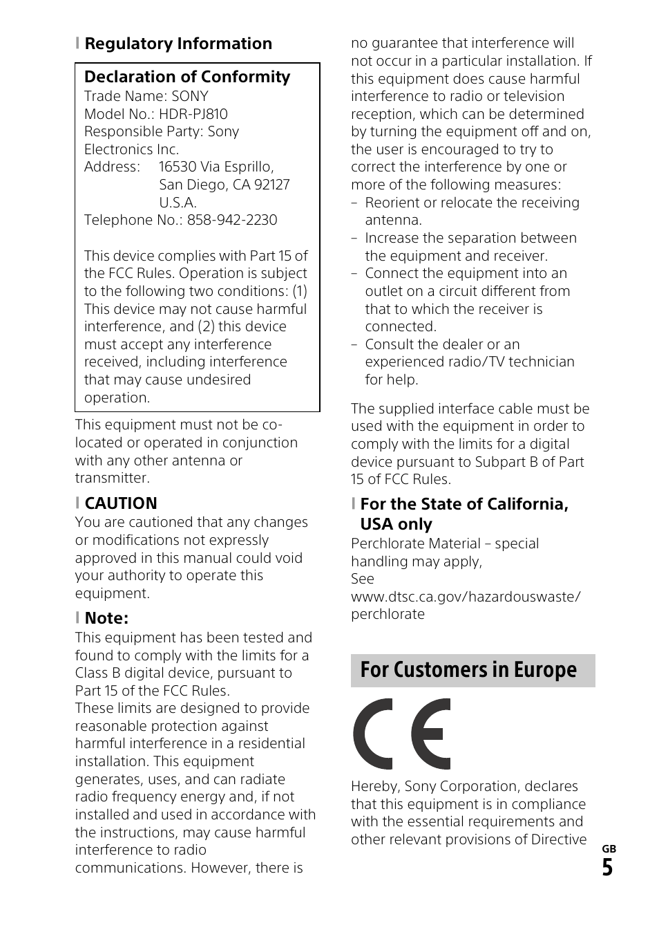 For customers in europe | Sony HDR-PJ810 User Manual | Page 5 / 36