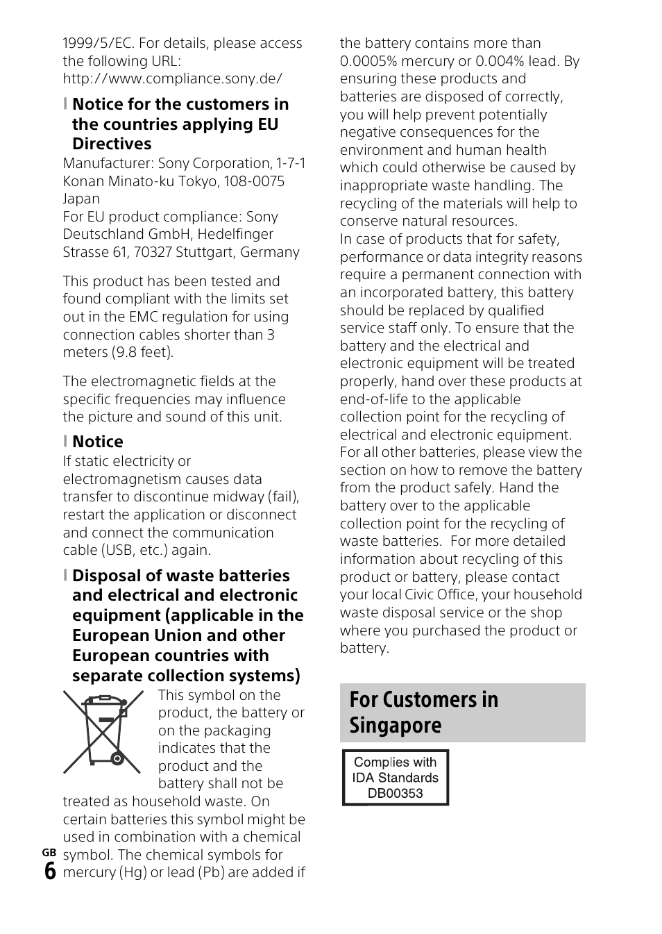 For customers in singapore | Sony HDR-PJ810 User Manual | Page 6 / 36