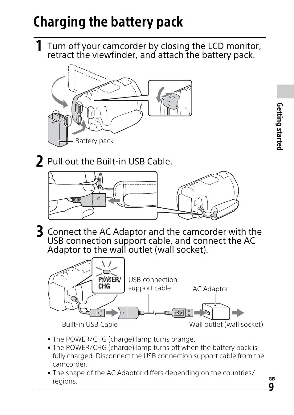 Charging the battery pack | Sony HDR-PJ810 User Manual | Page 9 / 36