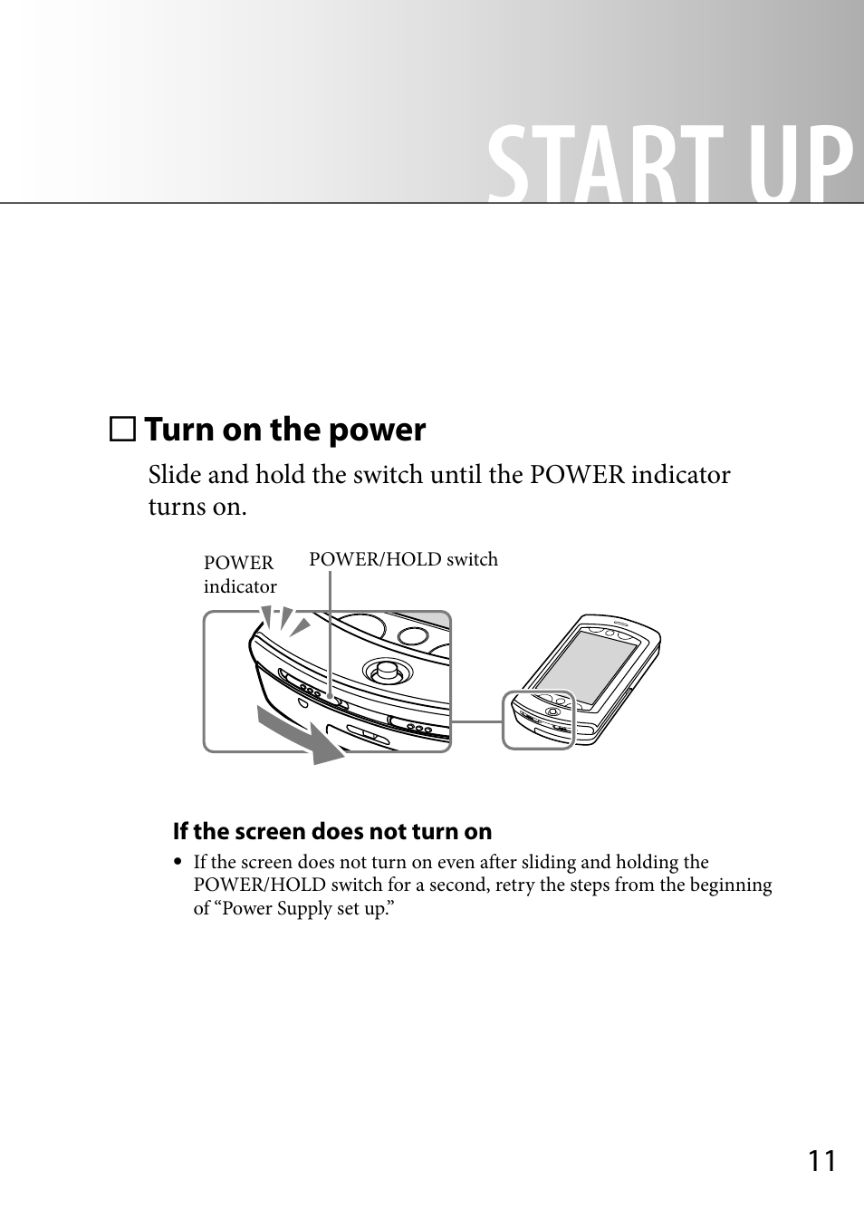 Start up, Turn on the power | Sony COM-2 User Manual | Page 11 / 28