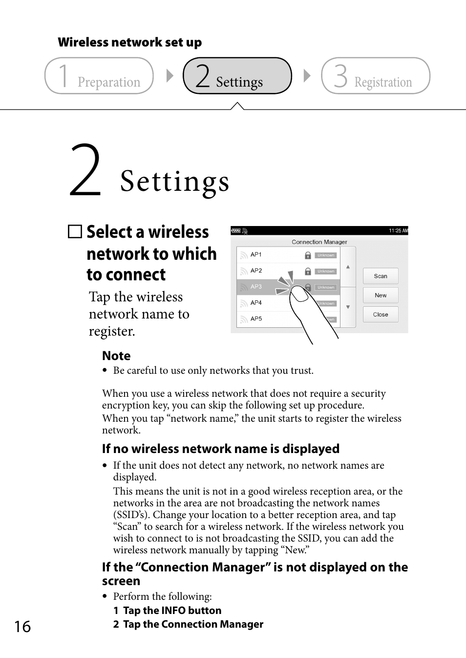 Settings, Select a wireless network to which to connect | Sony COM-2 User Manual | Page 16 / 28