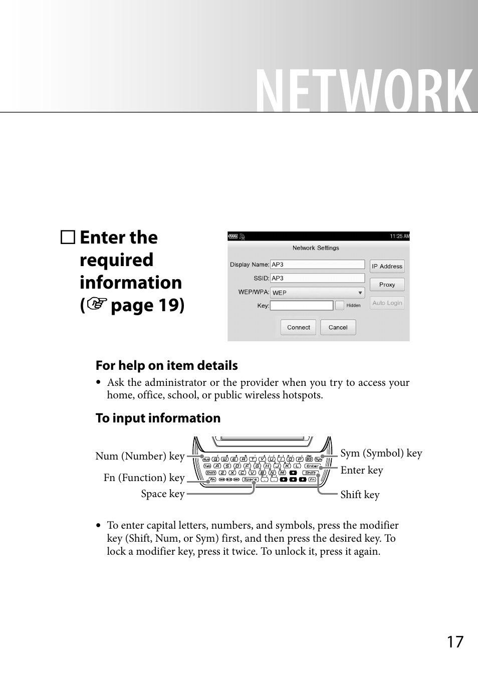 Network, Enter the required information, Page 19) | Sony COM-2 User Manual | Page 17 / 28