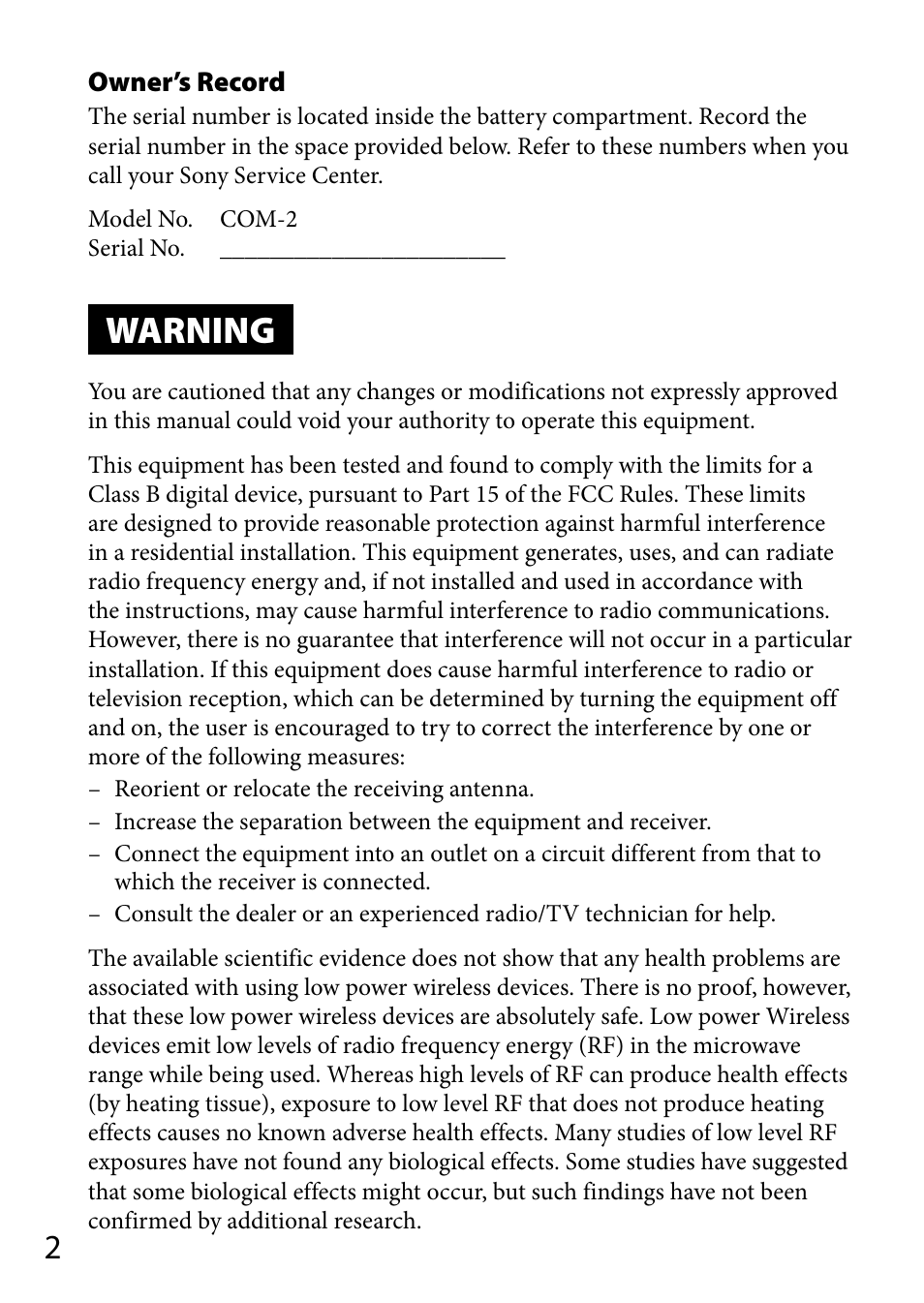 Warning | Sony COM-2 User Manual | Page 2 / 28