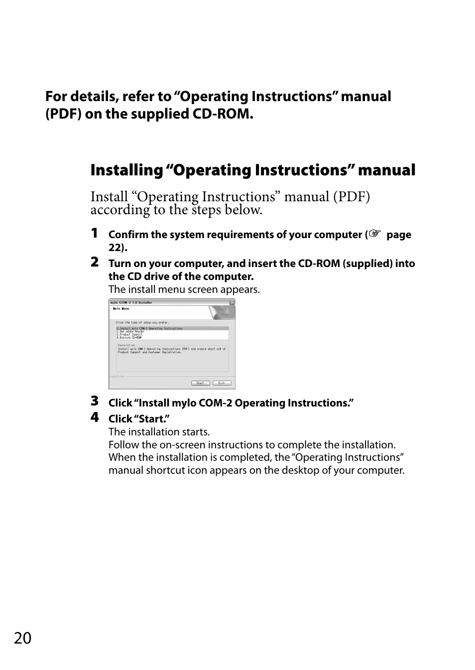 Installing “operating instructions” manual | Sony COM-2 User Manual | Page 20 / 28