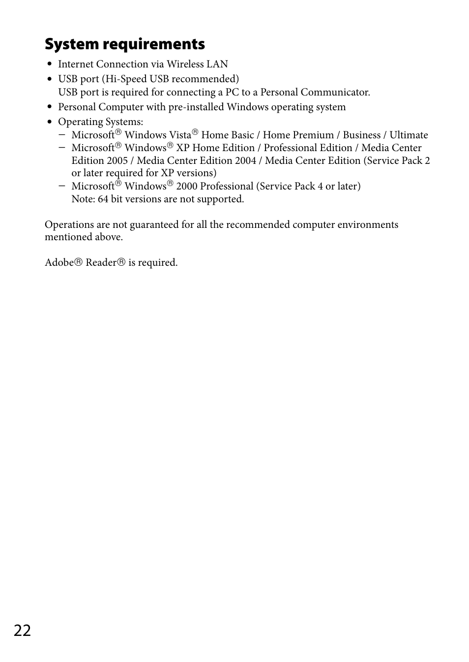 System requirements | Sony COM-2 User Manual | Page 22 / 28