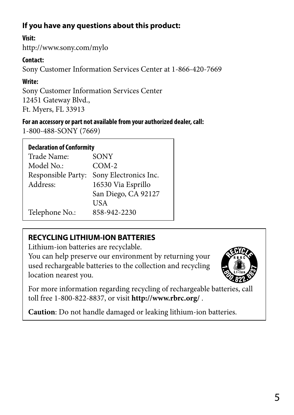 Sony COM-2 User Manual | Page 5 / 28