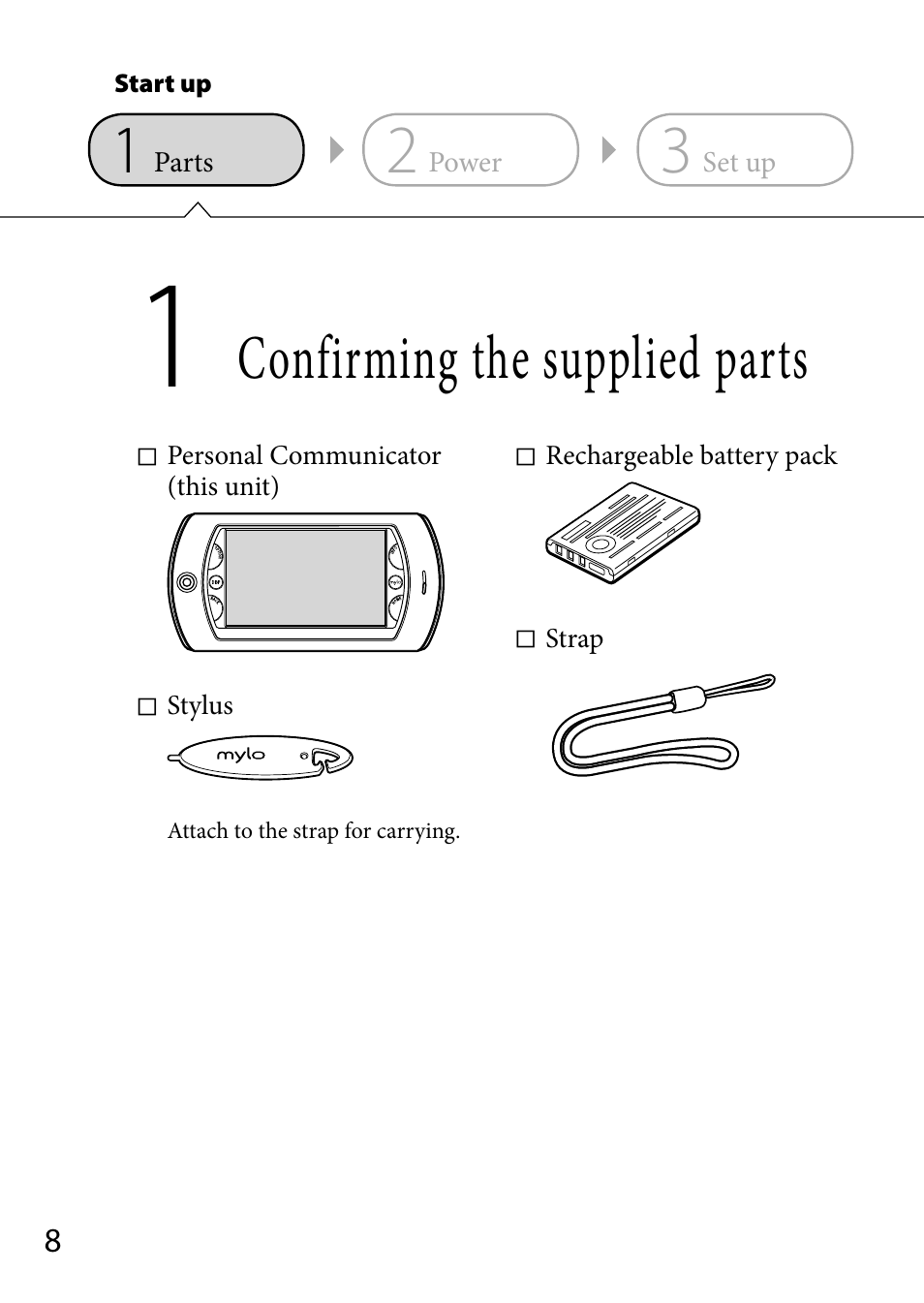 Confirming the supplied parts | Sony COM-2 User Manual | Page 8 / 28