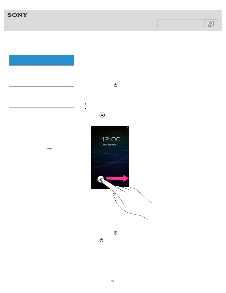 Turning the power on and off, Details, Help guide | Search | Sony NWZ-F805BLK User Manual | Page 27 / 143