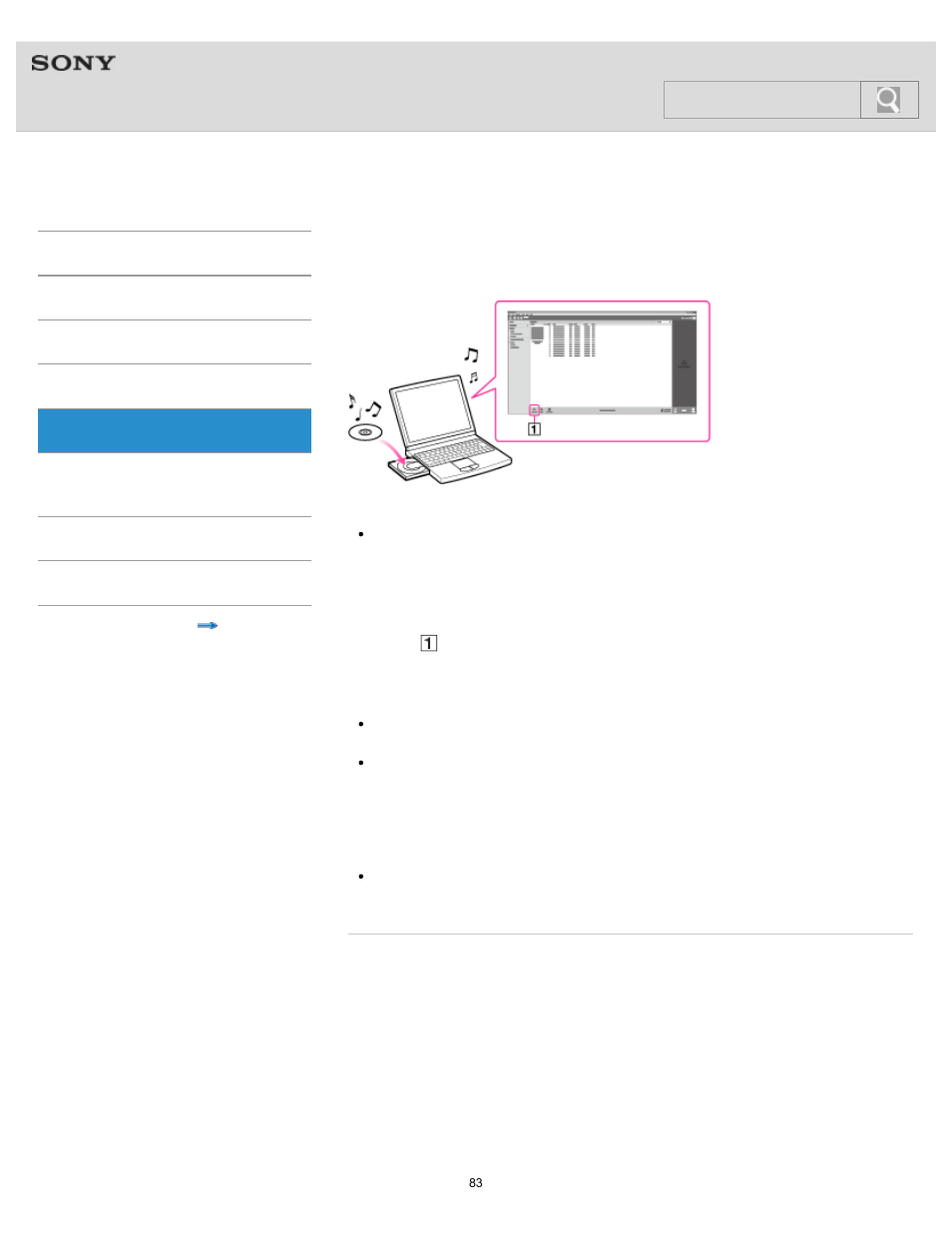 Importing music from cds using media go, Help guide, Search | Sony NWZ-F805BLK User Manual | Page 83 / 143